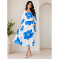 Blue Blossom Rayon A-Line Midi Dress for Women