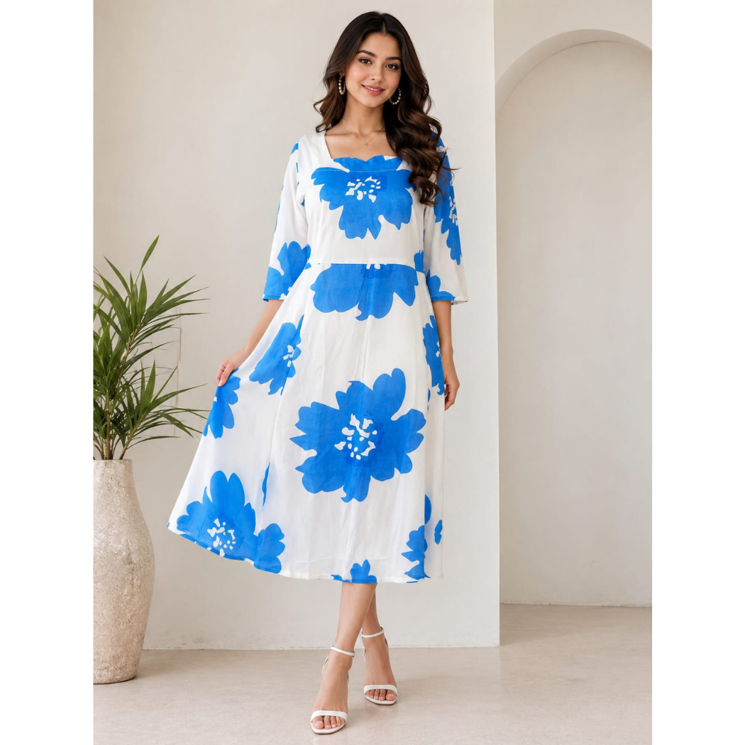 Blue Blossom Rayon A-Line Midi Dress for Women