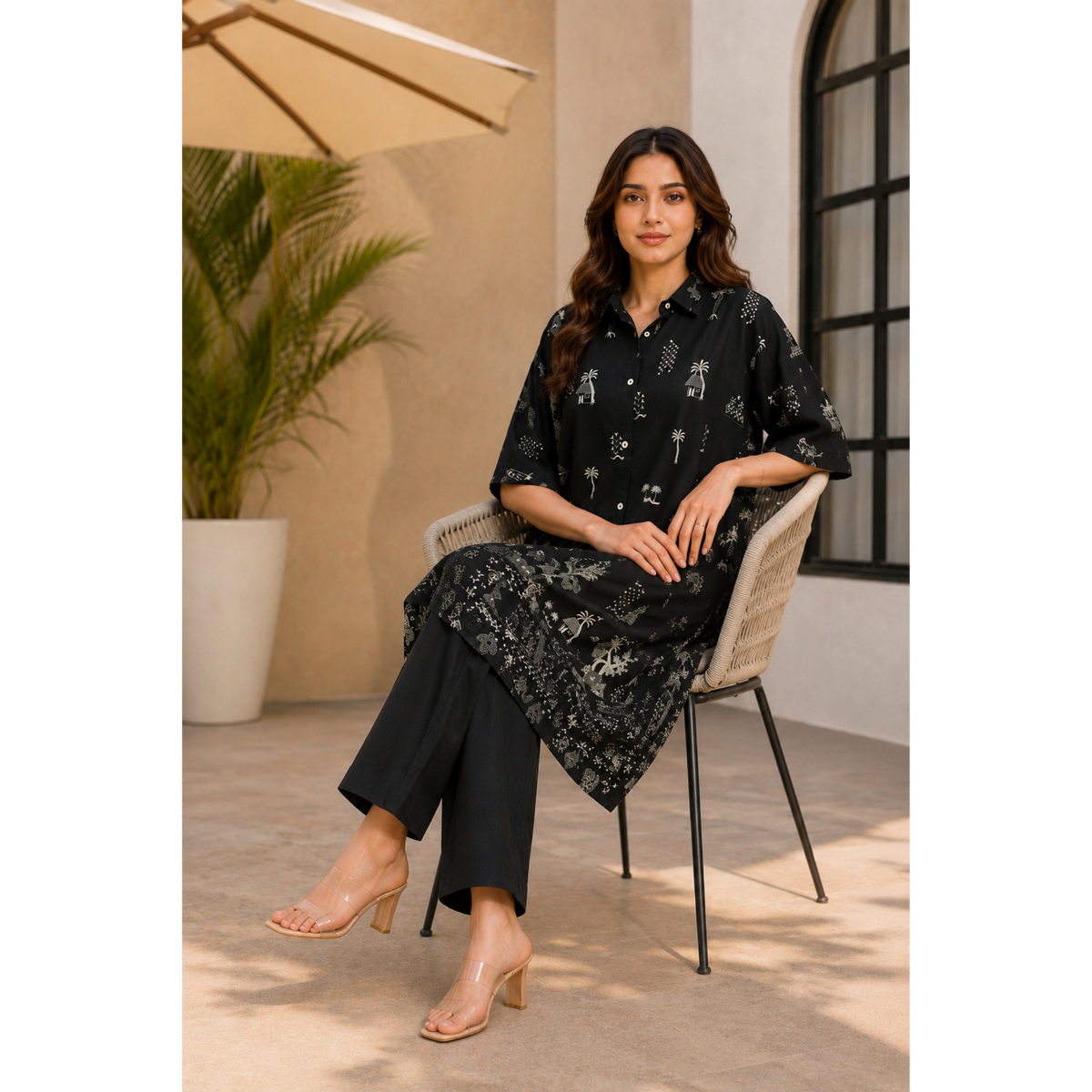 Cotton Printed Anti Fit Black Kurta with pant