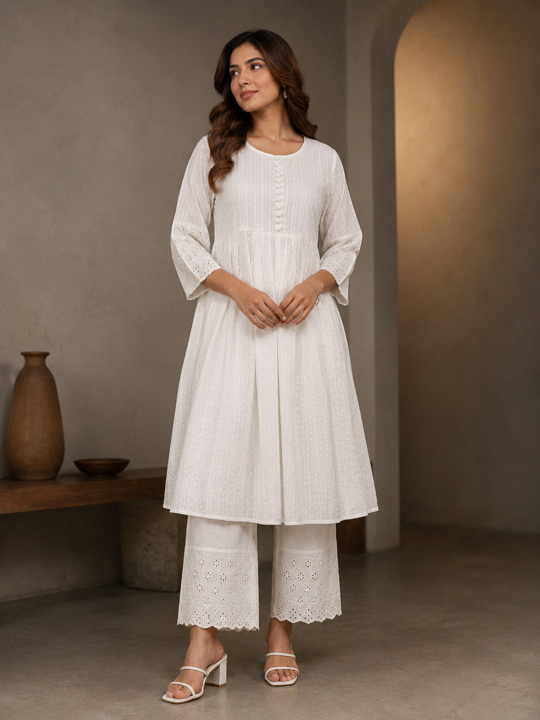 Cotton Dobby Kurta, cotton Pant, Schiffli in sleeve and bottom hem