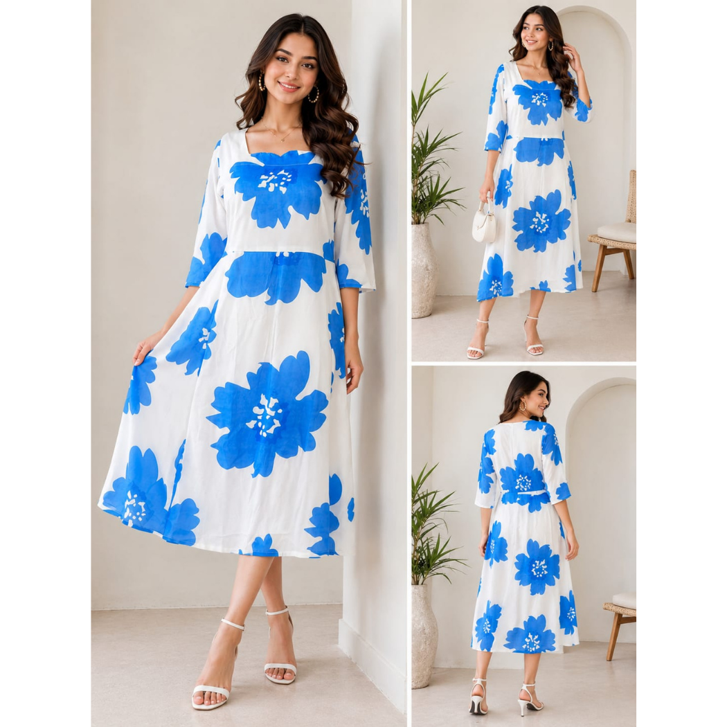 Blue Blossom Rayon A-Line Midi Dress for Women