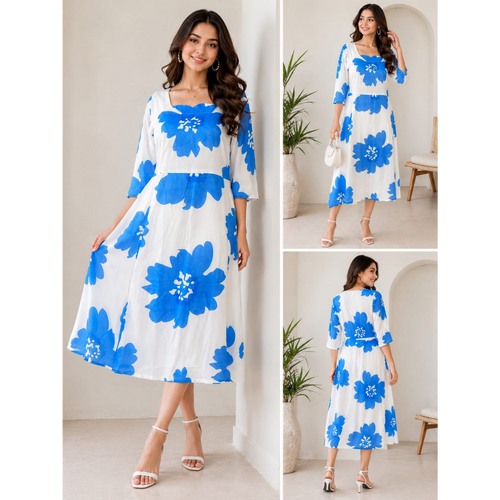 Blue Blossom Rayon A-Line Midi Dress for Women