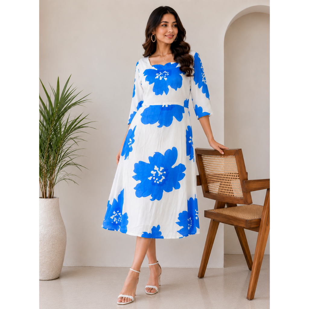 Blue Blossom Rayon A-Line Midi Dress for Women