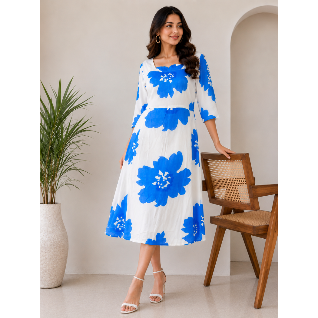Blue Blossom Rayon A-Line Midi Dress for Women