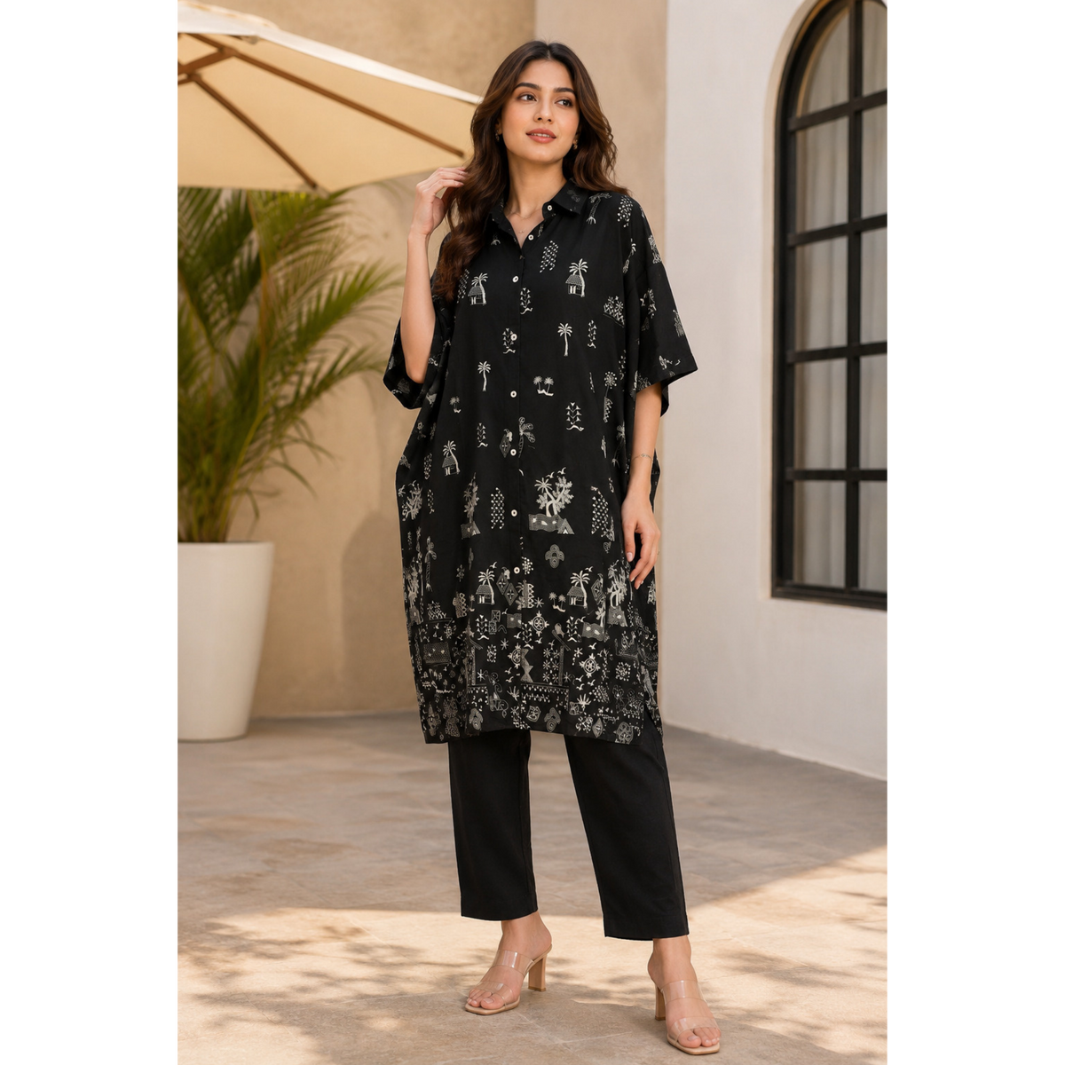 Cotton Printed Anti Fit Black Kurta with pant