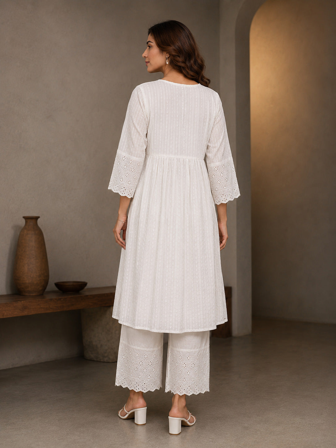 Cotton Dobby Kurta, cotton Pant, Schiffli in sleeve and bottom hem