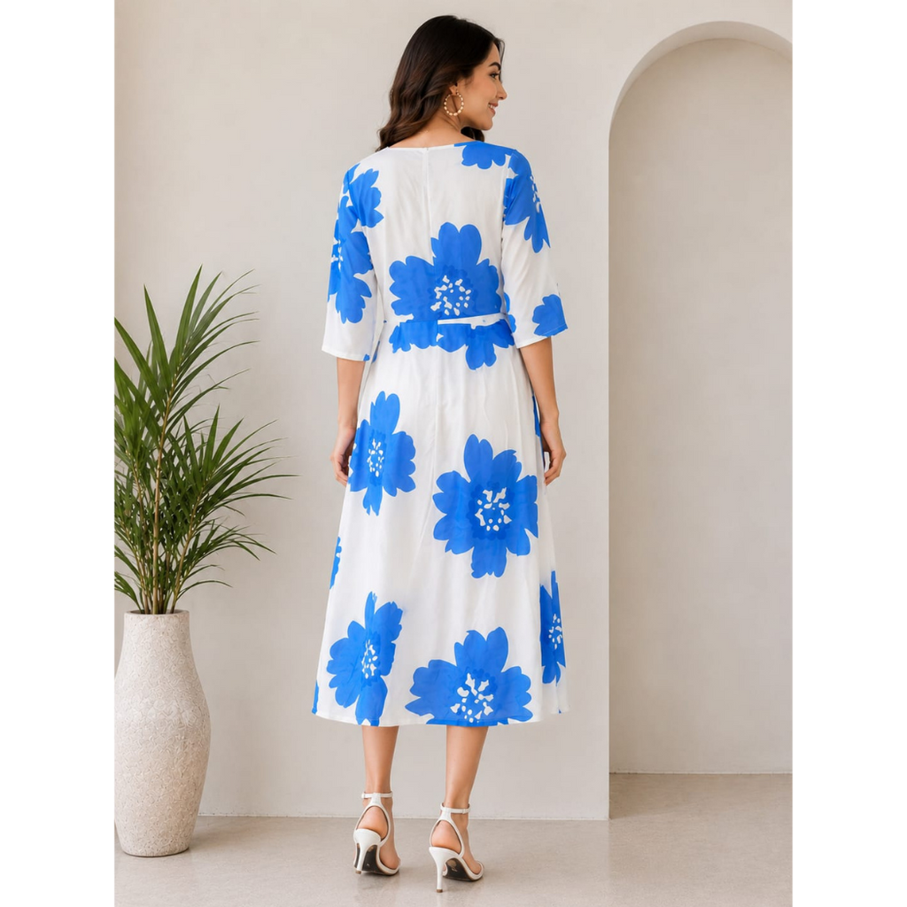 Blue Blossom Rayon A-Line Midi Dress for Women