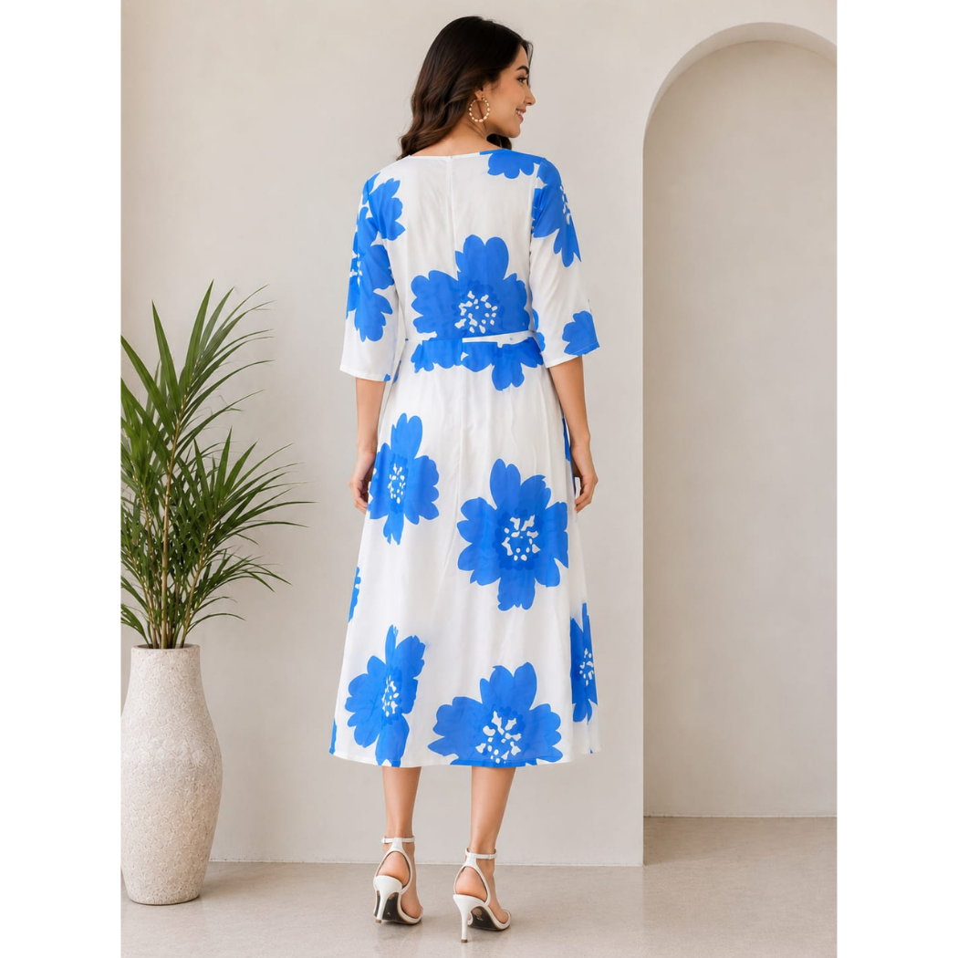 Blue Blossom Rayon A-Line Midi Dress for Women