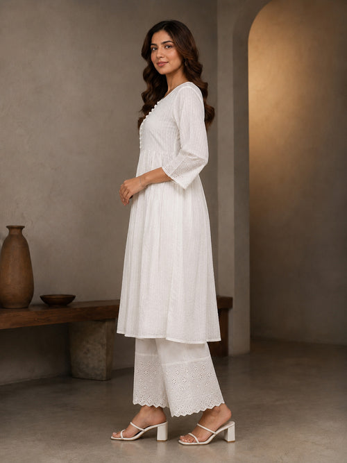 Cotton Dobby Kurta, cotton Pant, Schiffli in sleeve and bottom hem