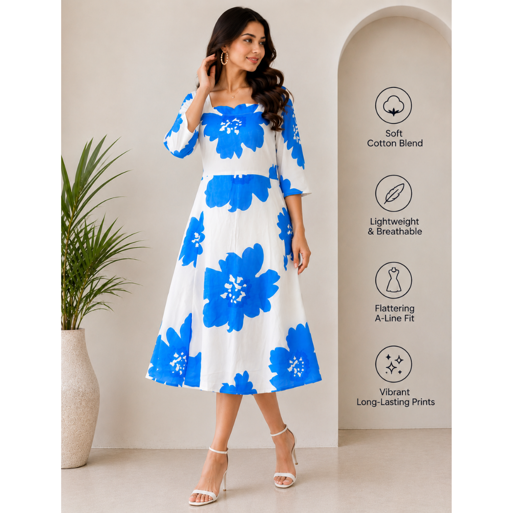 Blue Blossom Rayon A-Line Midi Dress for Women