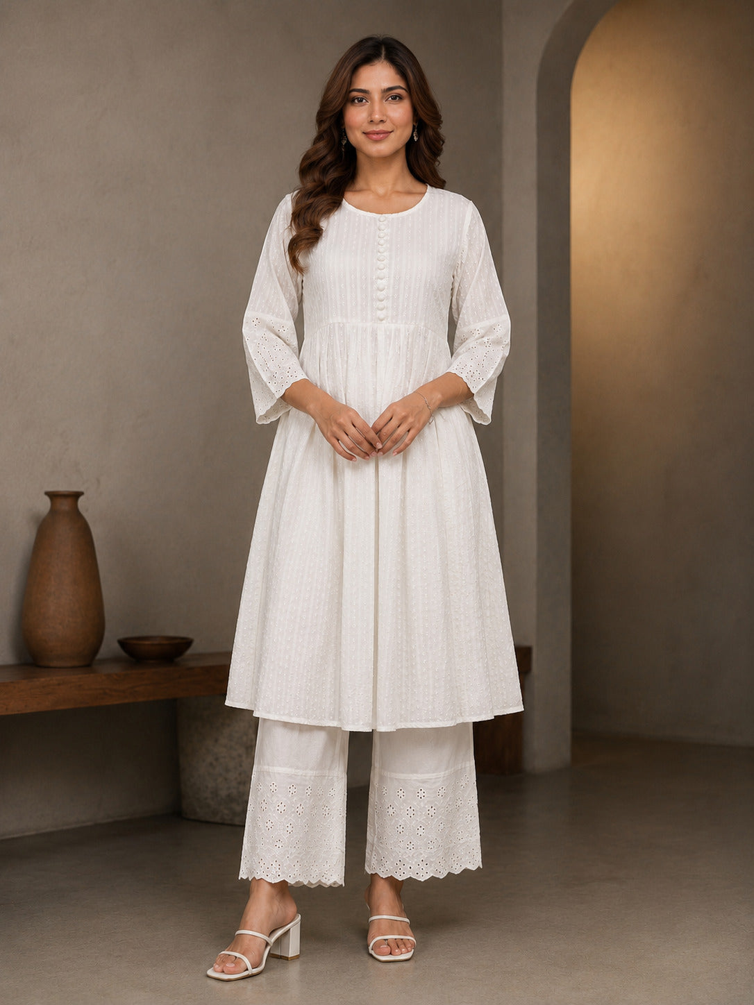 Cotton Dobby Kurta, cotton Pant, Schiffli in sleeve and bottom hem