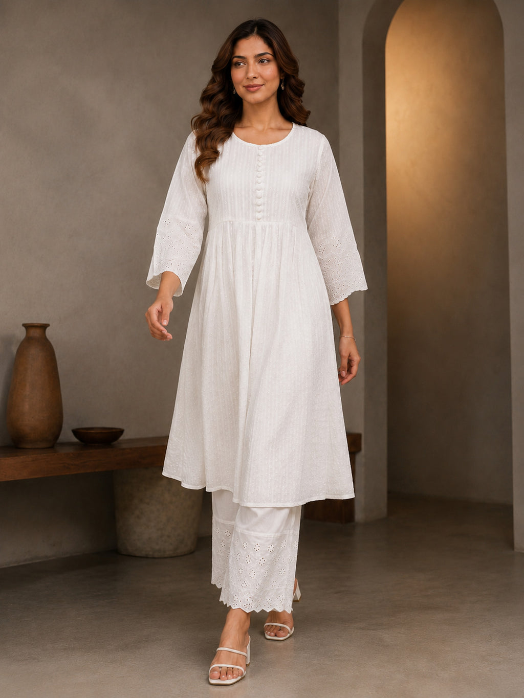 Cotton Dobby Kurta, cotton Pant, Schiffli in sleeve and bottom hem