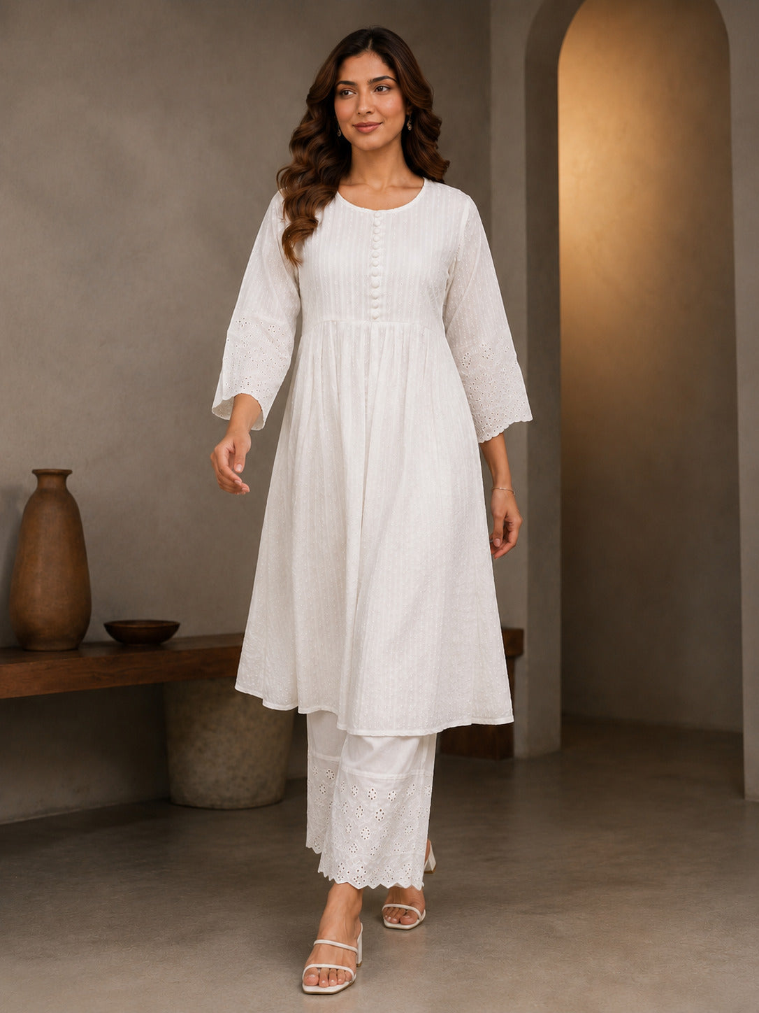 Cotton Dobby Kurta, cotton Pant, Schiffli in sleeve and bottom hem