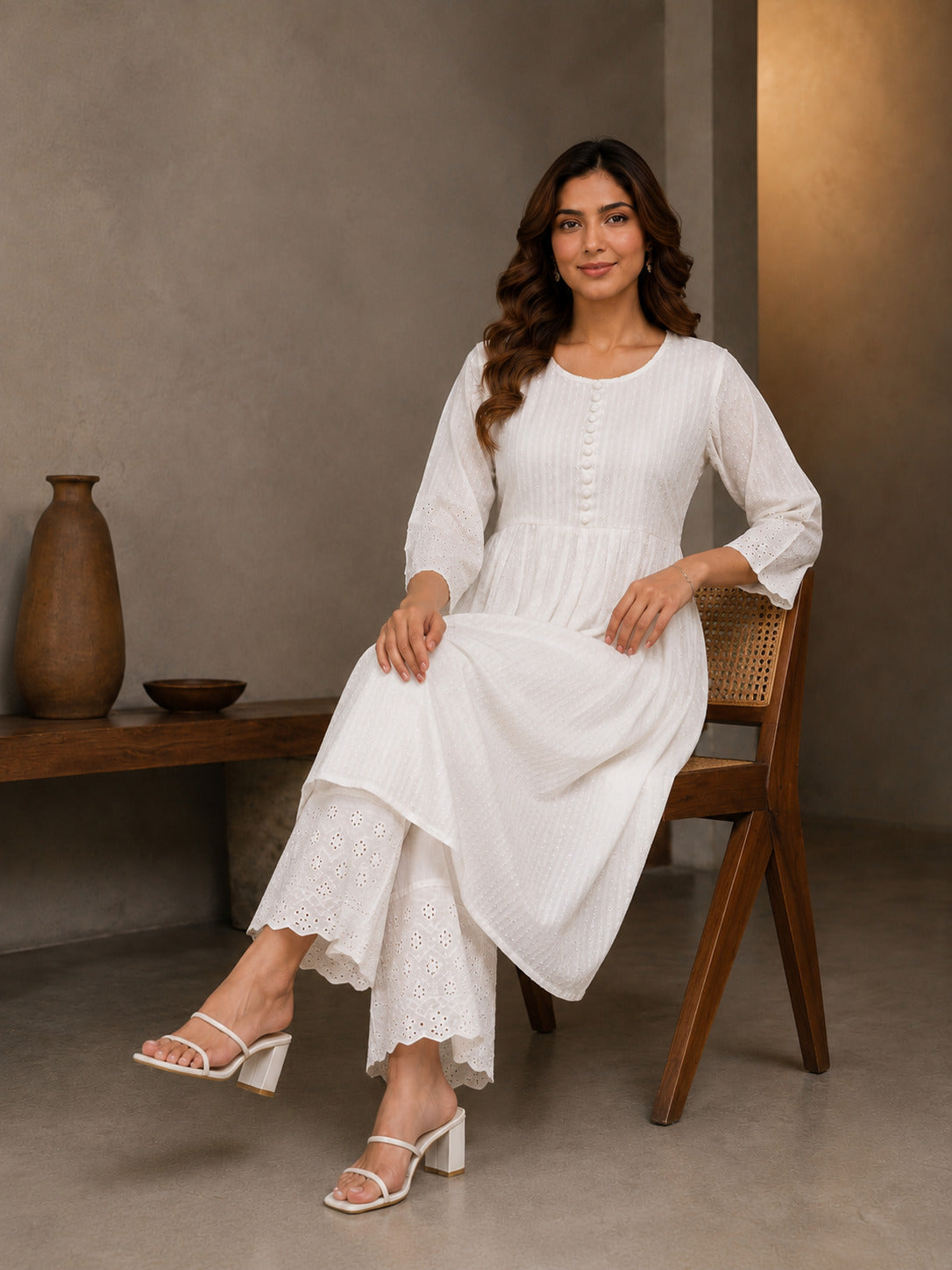 Cotton Dobby Kurta, cotton Pant, Schiffli in sleeve and bottom hem