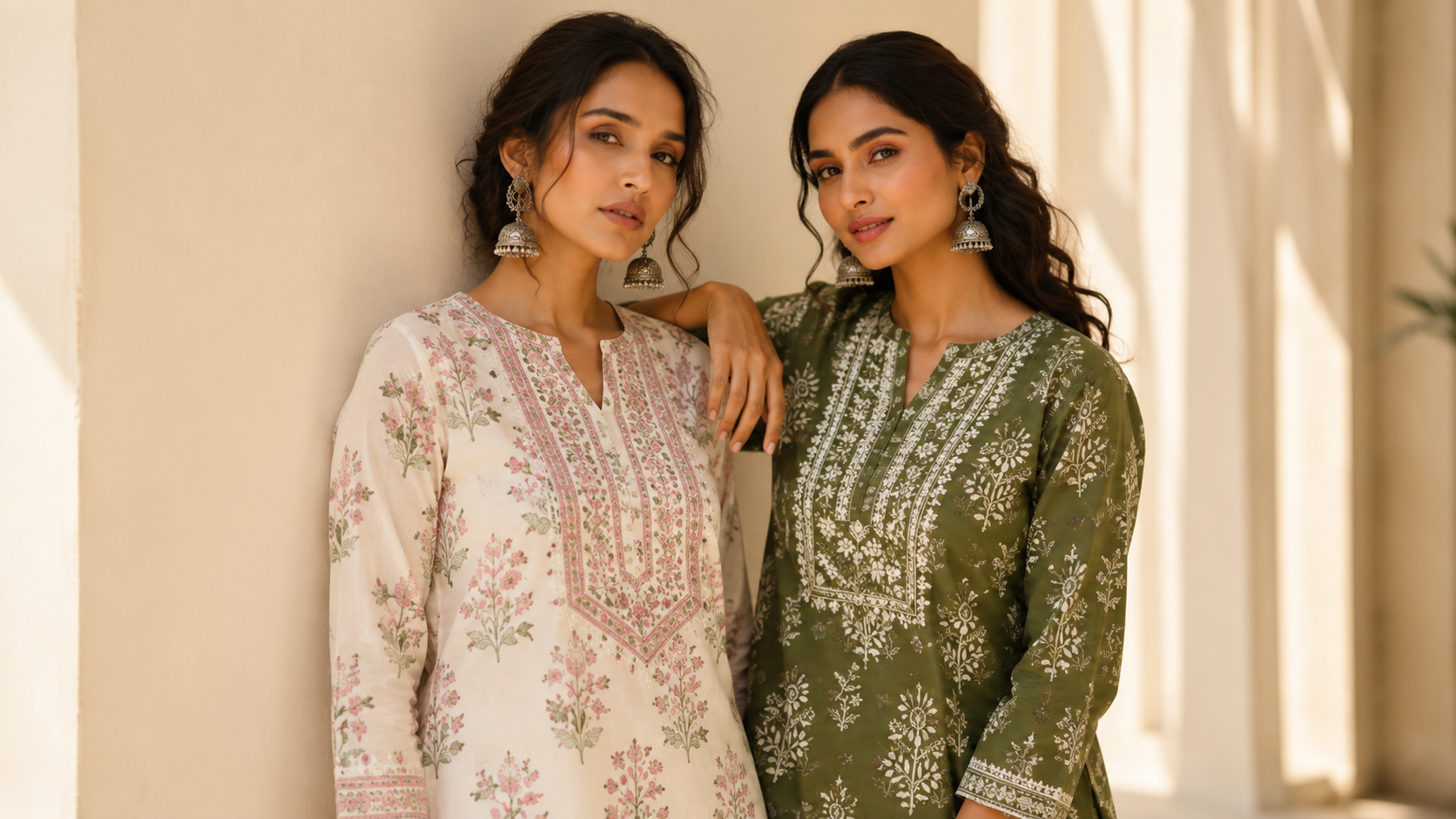 Two women modeling traditional embroidered kurta sets in a warm, sunlit architectural setting. The woman on the left wears a cream-colored kurta with pink floral prints and embroidery, while the woman on the right wears an olive green kurta with white floral prints and embroidery.