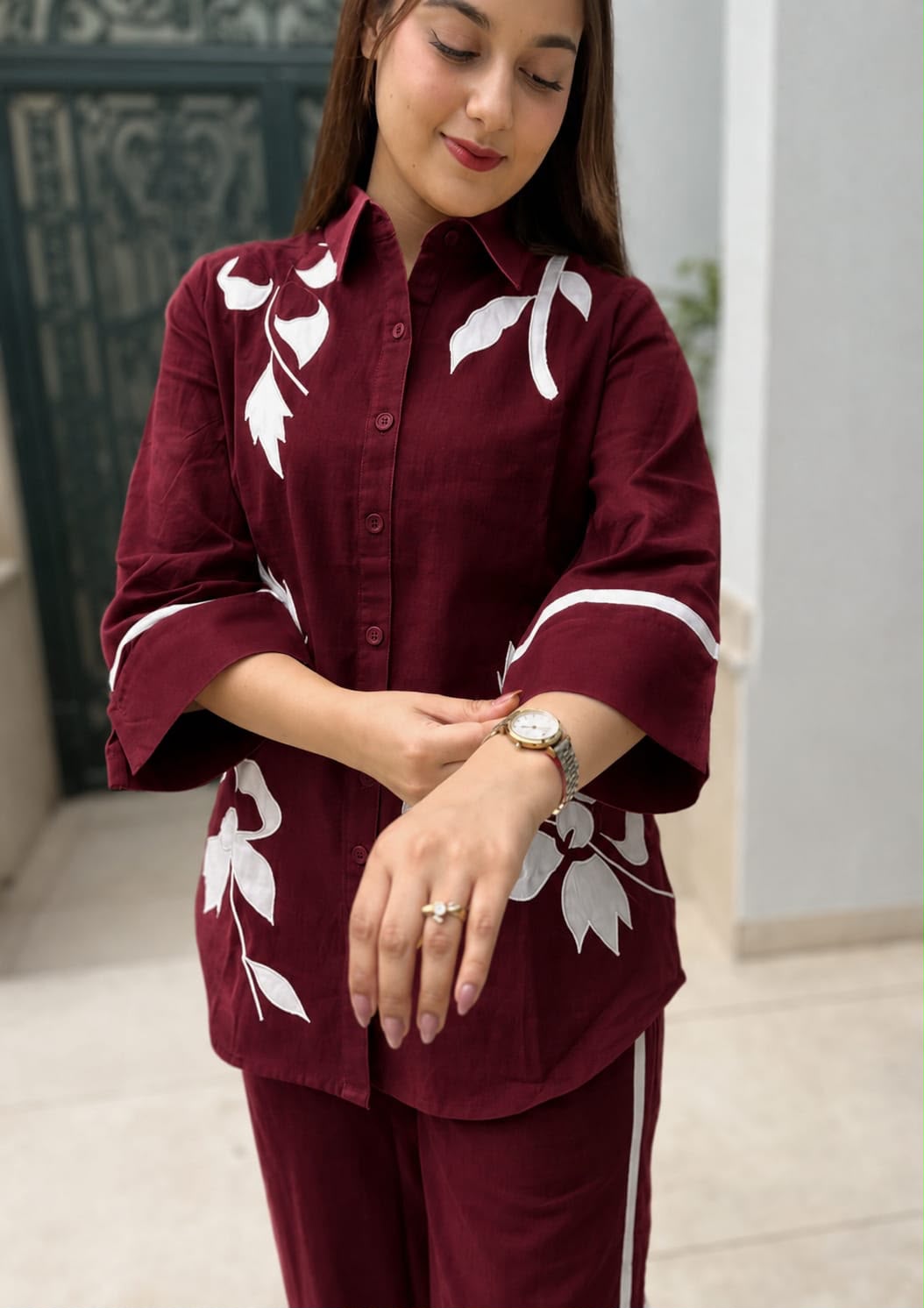 Women's Maroon Floral Embroidered Co-Ord Set | Button-Down Shirt & Straight Pants