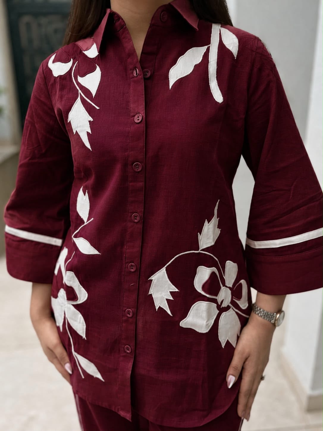 Women's Maroon Floral Embroidered Co-Ord Set | Button-Down Shirt & Straight Pants