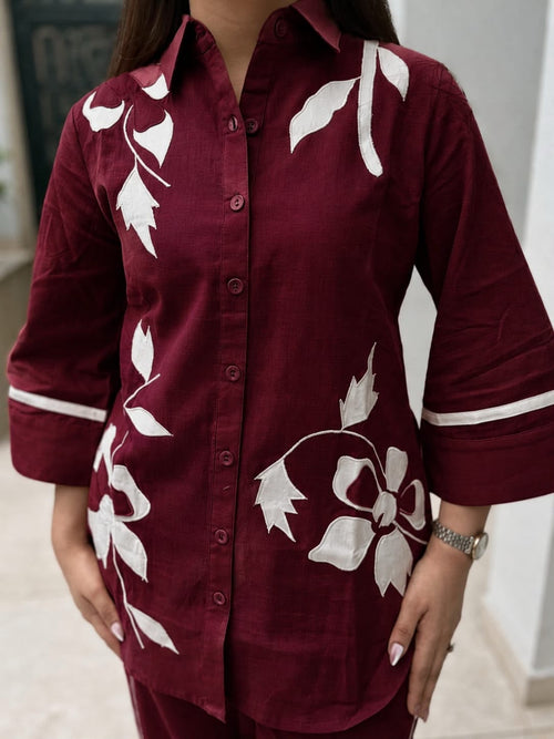 Women's Maroon Floral Embroidered Co-Ord Set | Button-Down Shirt & Straight Pants