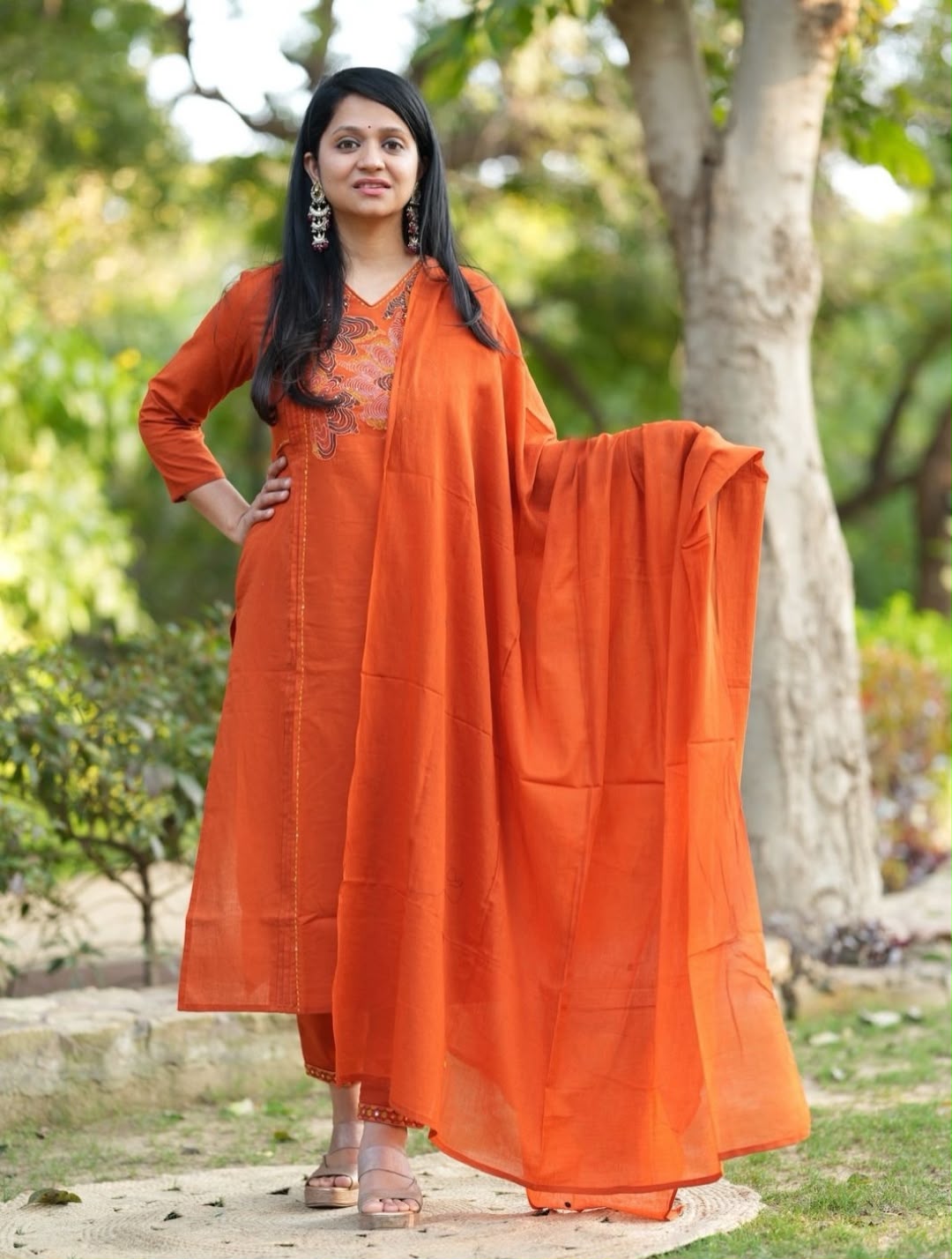 Women's Rust Orange Floral Embroidered Straight Kurta | V-Neck Ethnic Wear