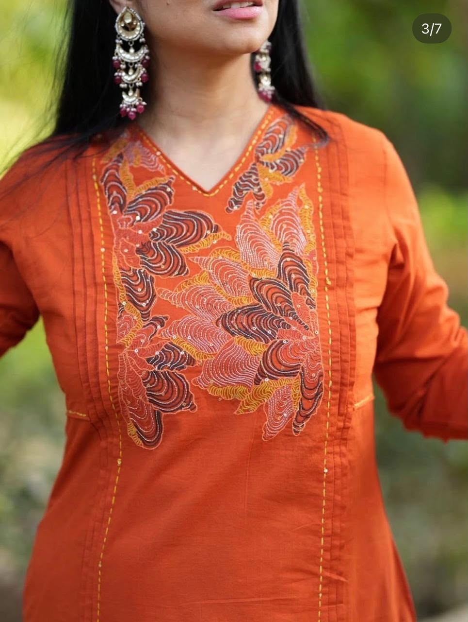 Women's Rust Orange Floral Embroidered Straight Kurta | V-Neck Ethnic Wear