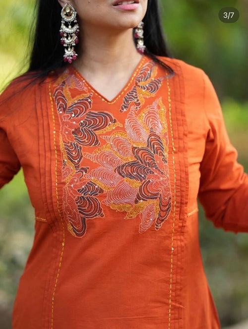Women's Rust Orange Floral Embroidered Straight Kurta | V-Neck Ethnic Wear