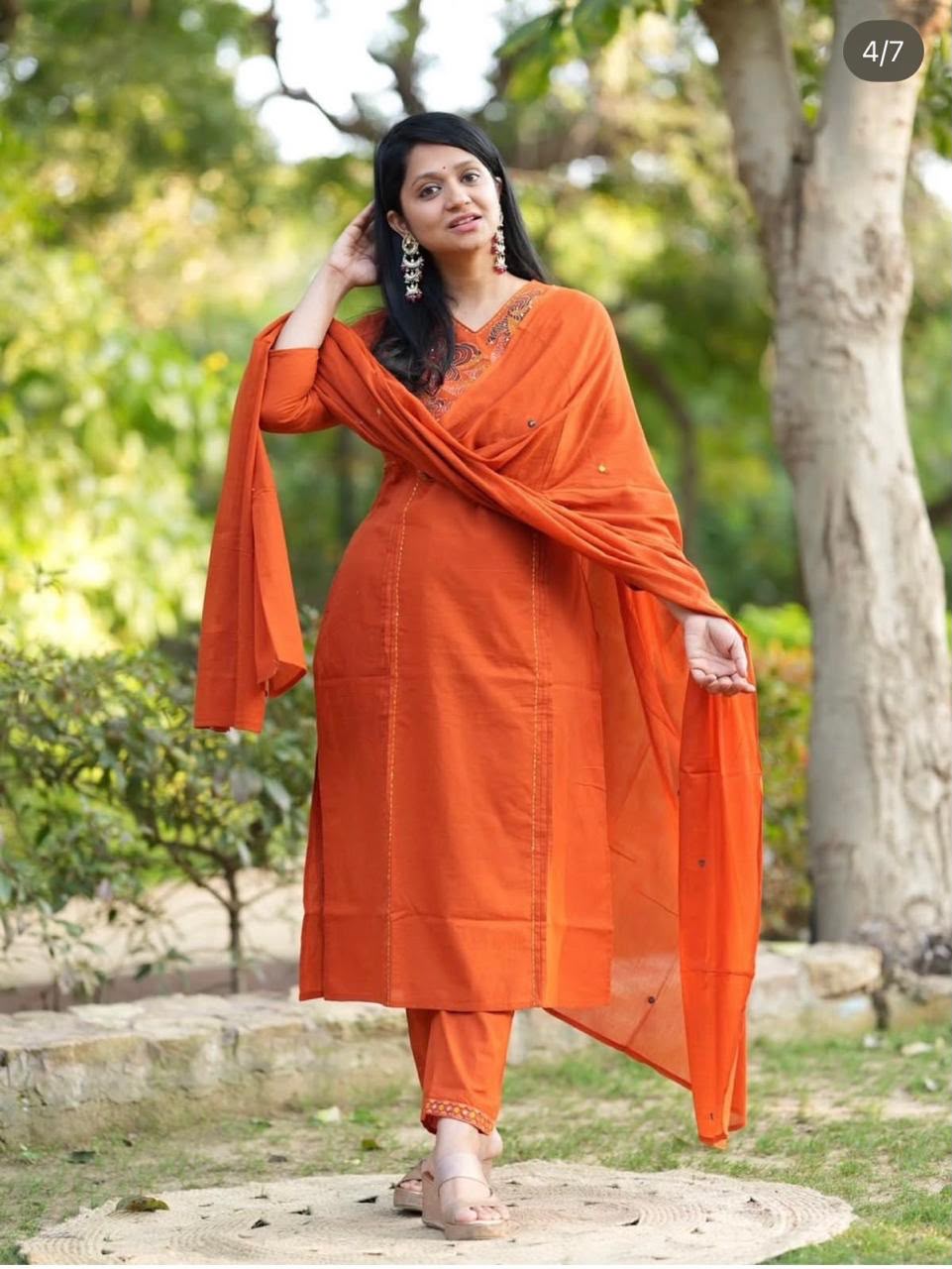 Women's Rust Orange Floral Embroidered Straight Kurta | V-Neck Ethnic Wear