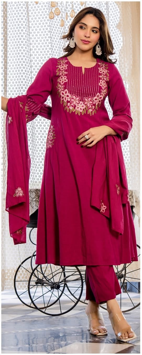 Women's Magenta Floral Embroidered Straight Kurta with Dupatta