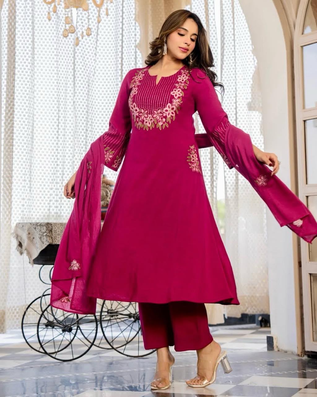 Women's Magenta Floral Embroidered Straight Kurta with Dupatta