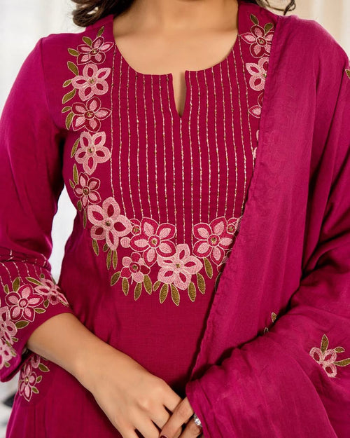 Women's Magenta Floral Embroidered Straight Kurta with Dupatta