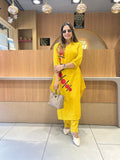 Women's Mustard Yellow Printed Kurta with Pants | V-Neck Ethnic Co-Ord Set