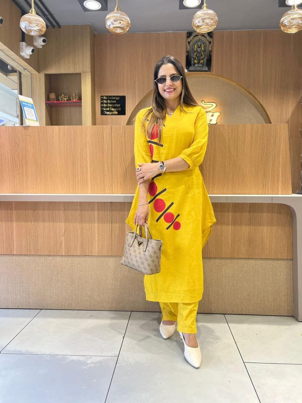 Women's Mustard Yellow Printed Kurta with Pants | V-Neck Ethnic Co-Ord Set