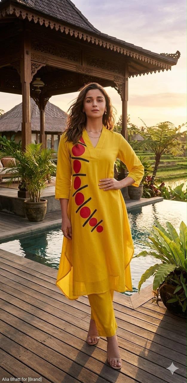 Women's Mustard Yellow Printed Kurta with Pants | V-Neck Ethnic Co-Ord Set