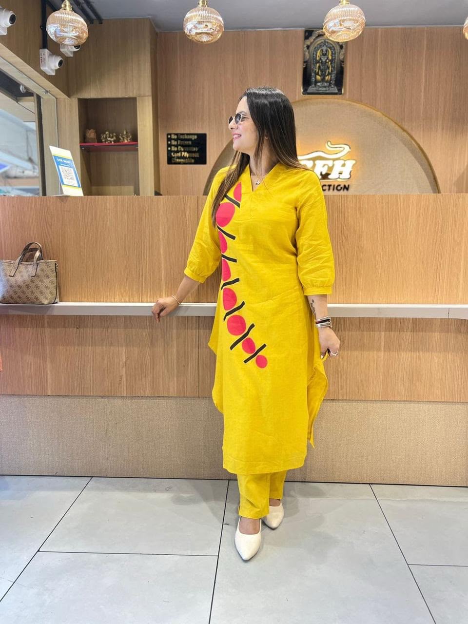 Women's Mustard Yellow Printed Kurta with Pants | V-Neck Ethnic Co-Ord Set