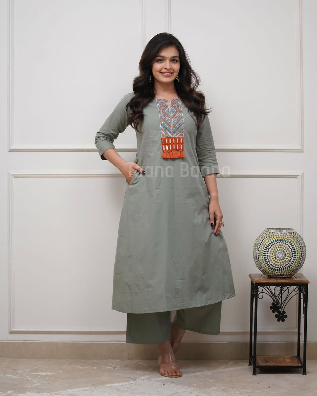 Women's Sage Green Embroidered Yoke Kurta Pant Set | Ethnic Wear with Tassel Detailing