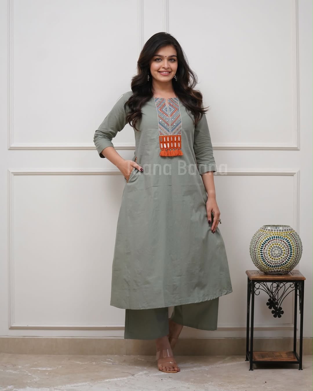 Women's Sage Green Embroidered Yoke Kurta Pant Set | Ethnic Wear with Tassel Detailing