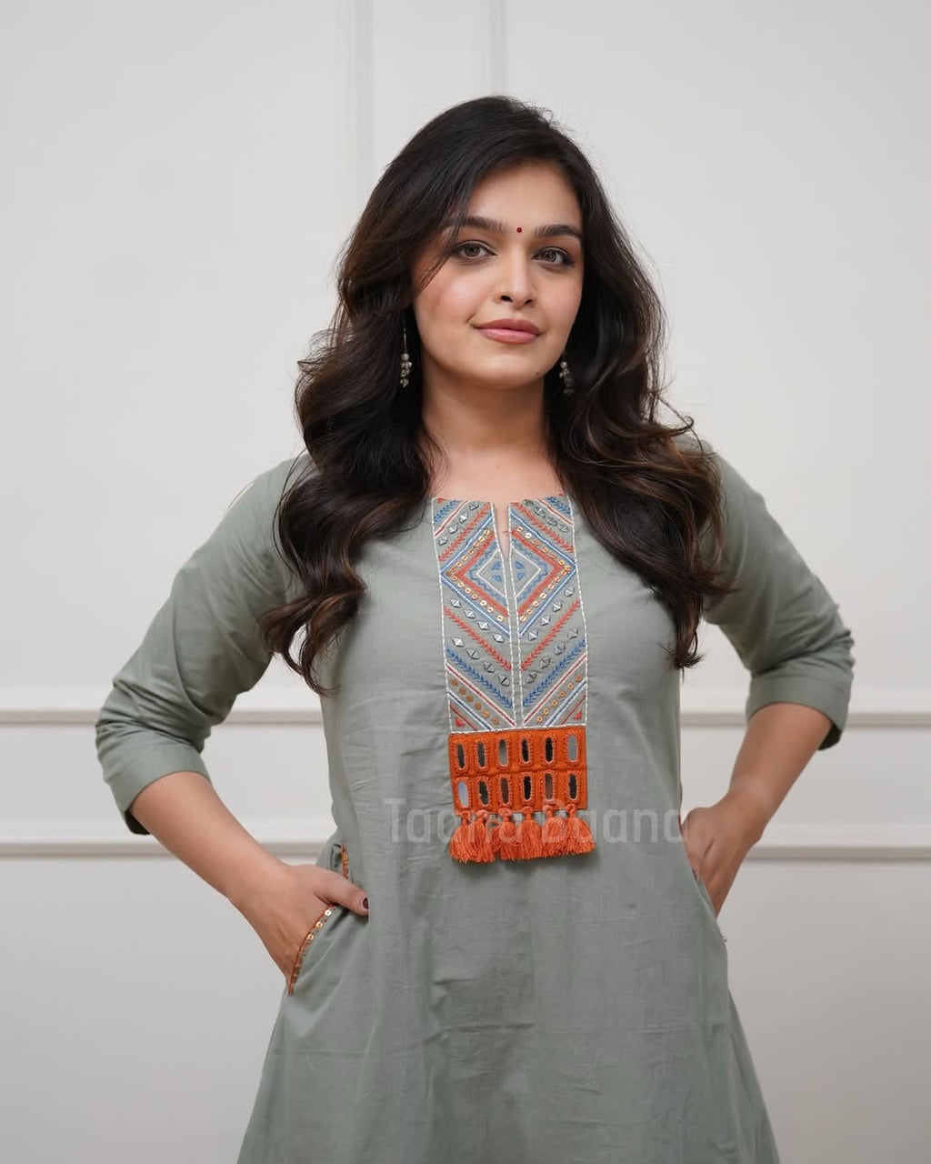 Women's Sage Green Embroidered Yoke Kurta Pant Set | Ethnic Wear with Tassel Detailing