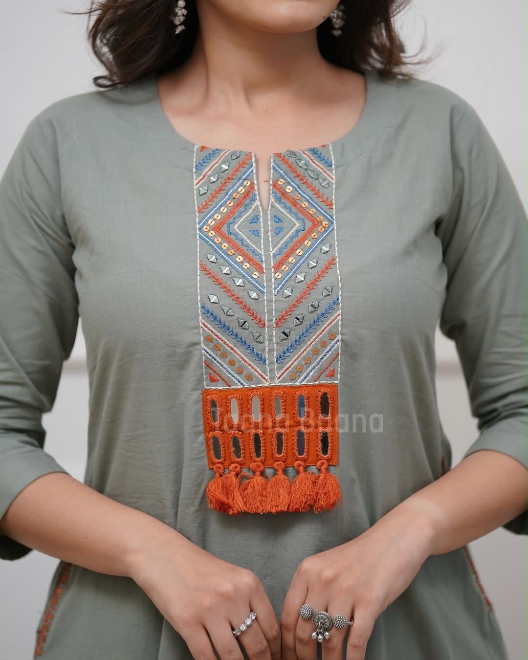 Women's Sage Green Embroidered Yoke Kurta Pant Set | Ethnic Wear with Tassel Detailing