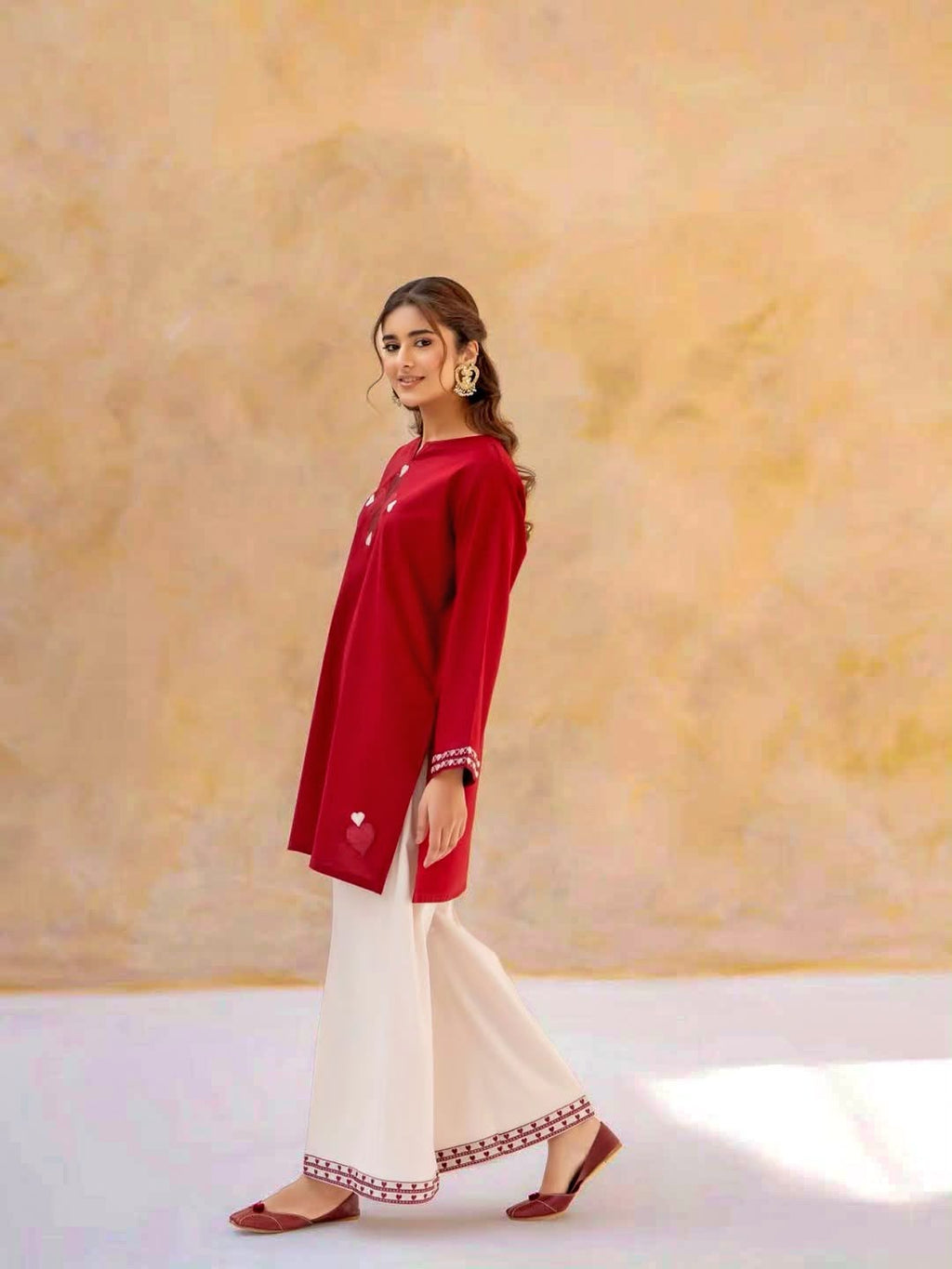 Women's Maroon Floral Heart Patch Work Short Kurta Set | Ethnic Fusion Wear