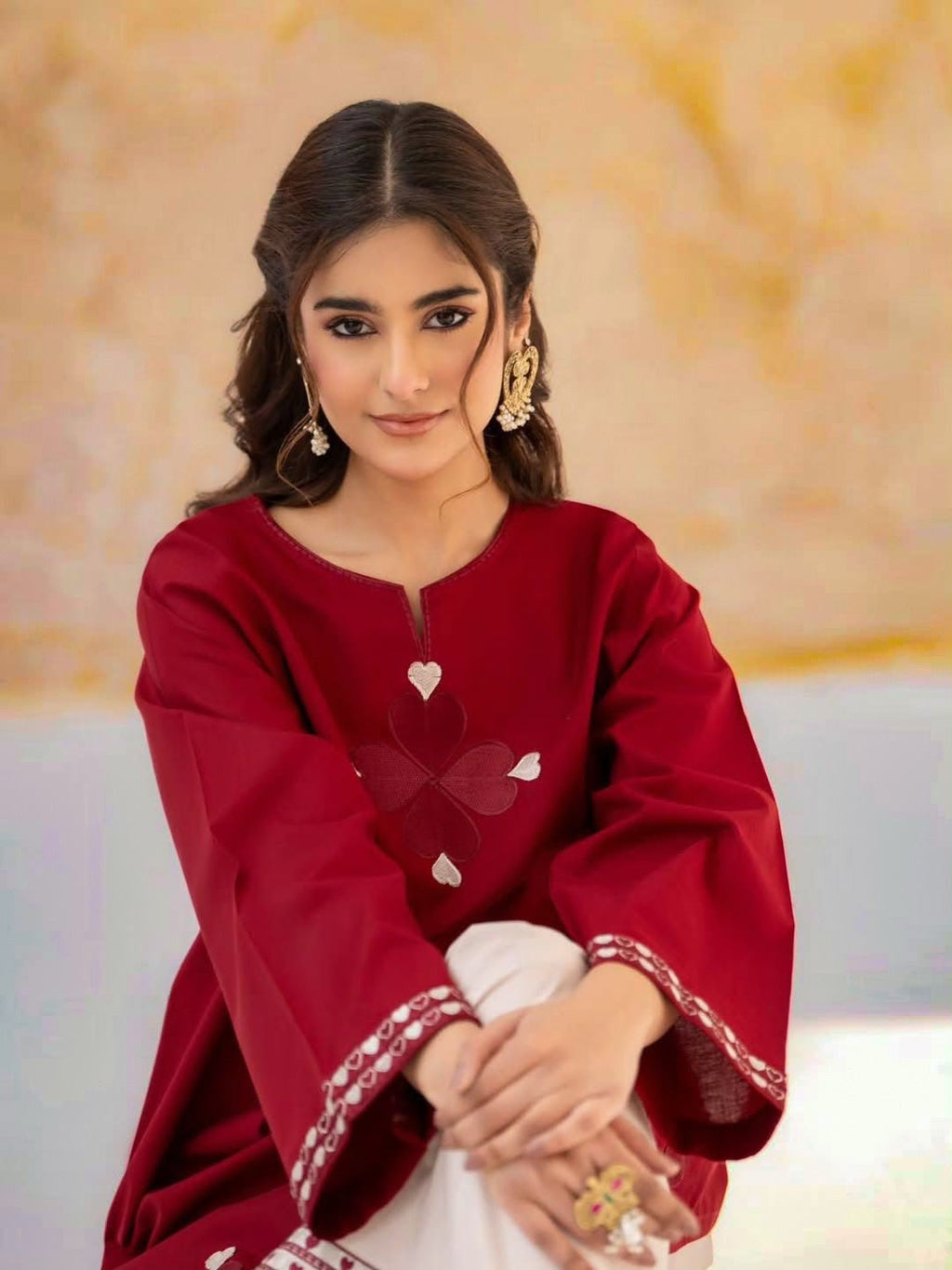 Women's Maroon Floral Heart Patch Work Short Kurta Set | Ethnic Fusion Wear