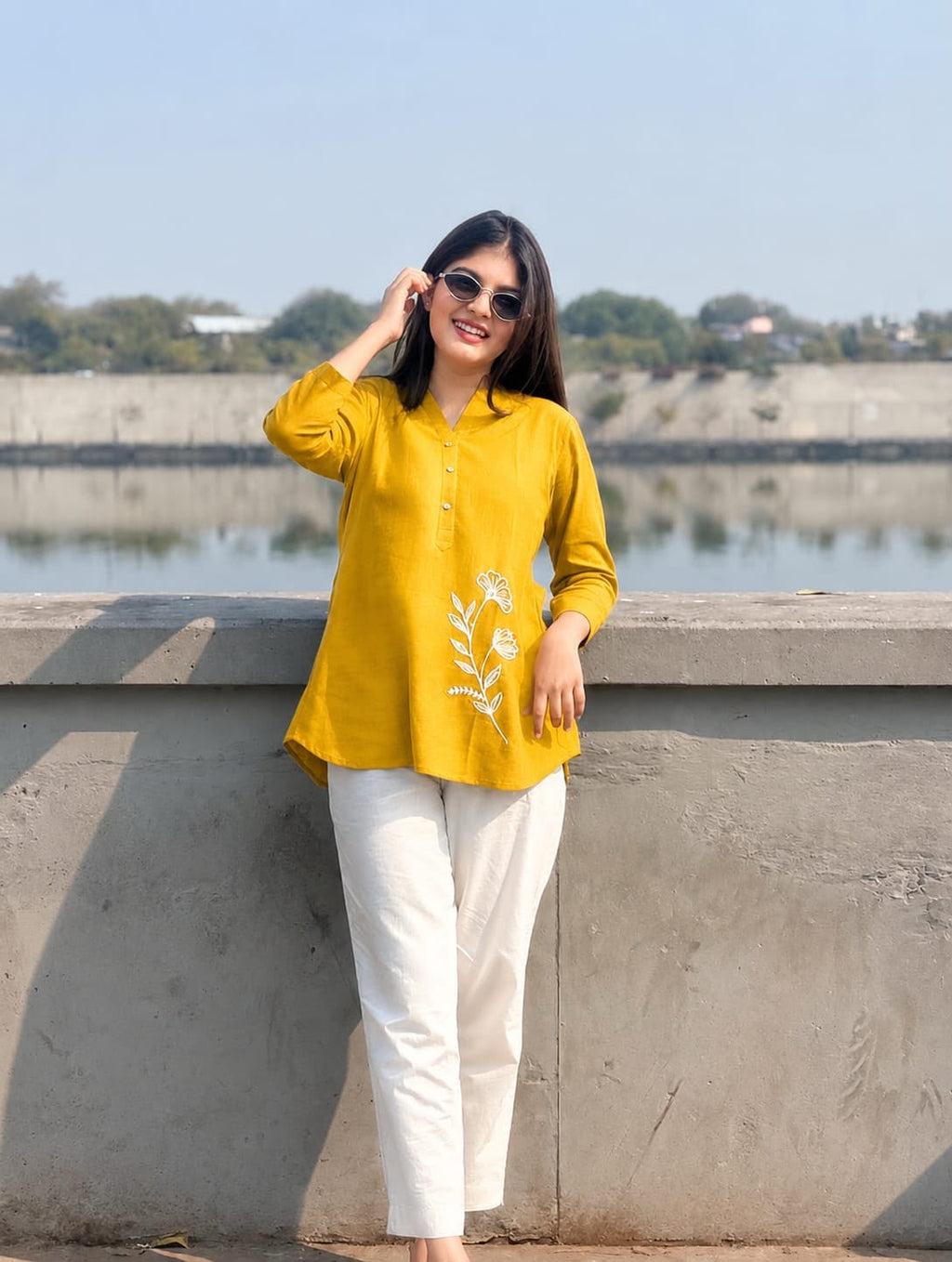 Women's Mustard Yellow Floral Embroidered Short Tunic Kurti | Casual Everyday Wear