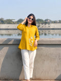Women's Mustard Yellow Floral Embroidered Short Tunic Kurti | Casual Everyday Wear