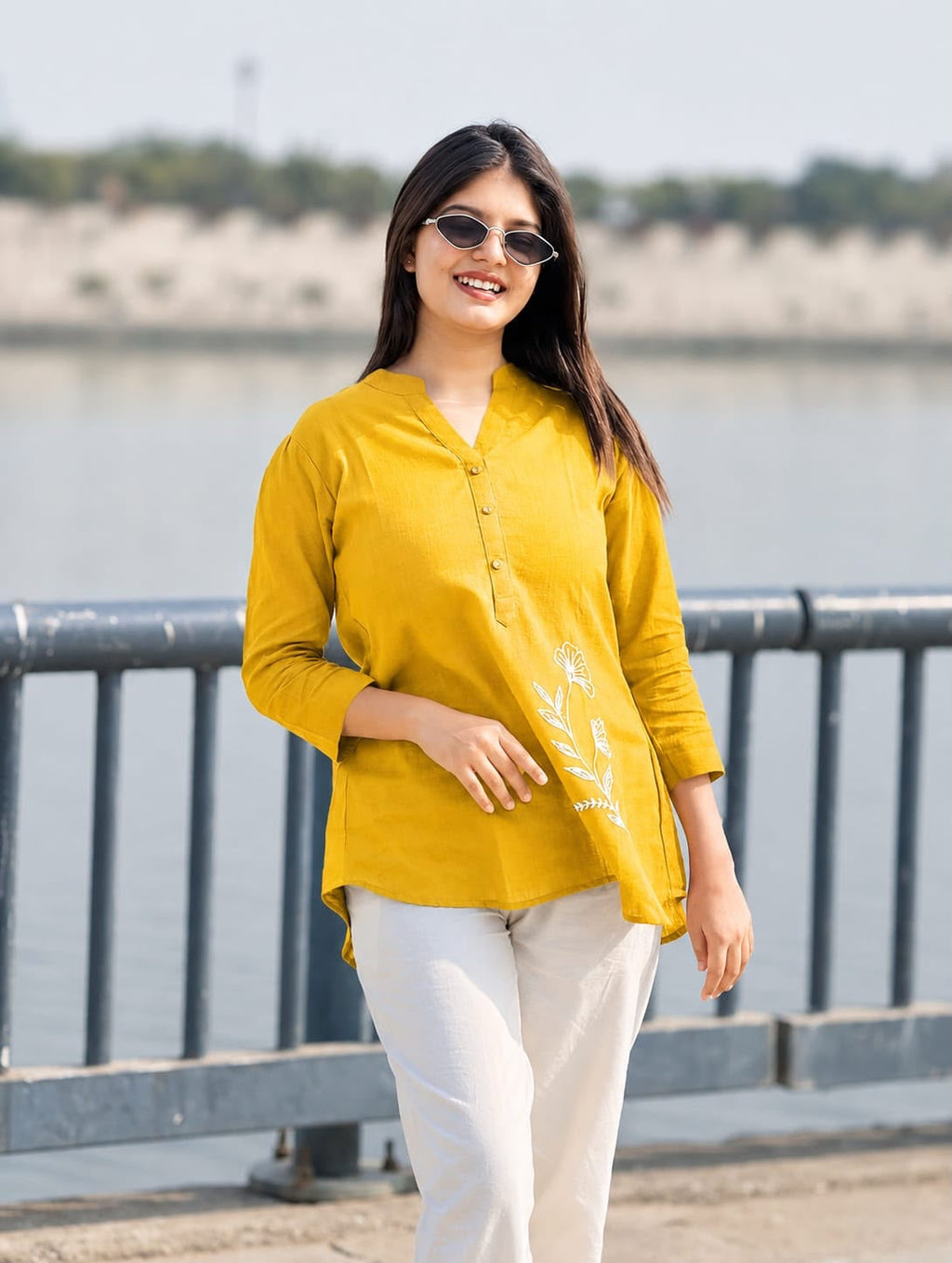 Women's Mustard Yellow Floral Embroidered Short Tunic Kurti | Casual Everyday Wear
