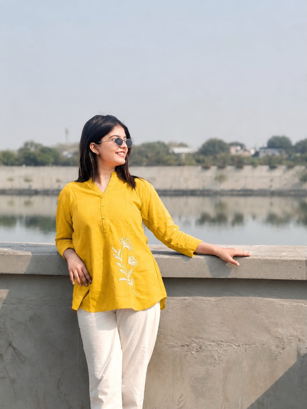 Women's Mustard Yellow Floral Embroidered Short Tunic Kurti | Casual Everyday Wear