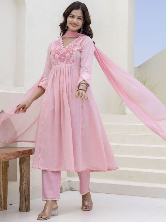 Women's Light Pink Floral Embroidered Anarkali Kurta Set with Dupatta | Festive Ethnic Wear