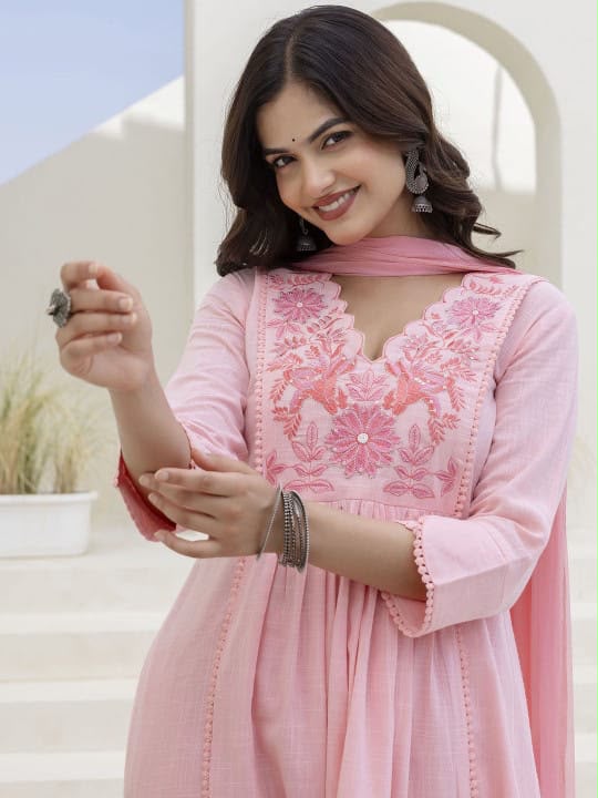 Women's Light Pink Floral Embroidered Anarkali Kurta Set with Dupatta | Festive Ethnic Wear