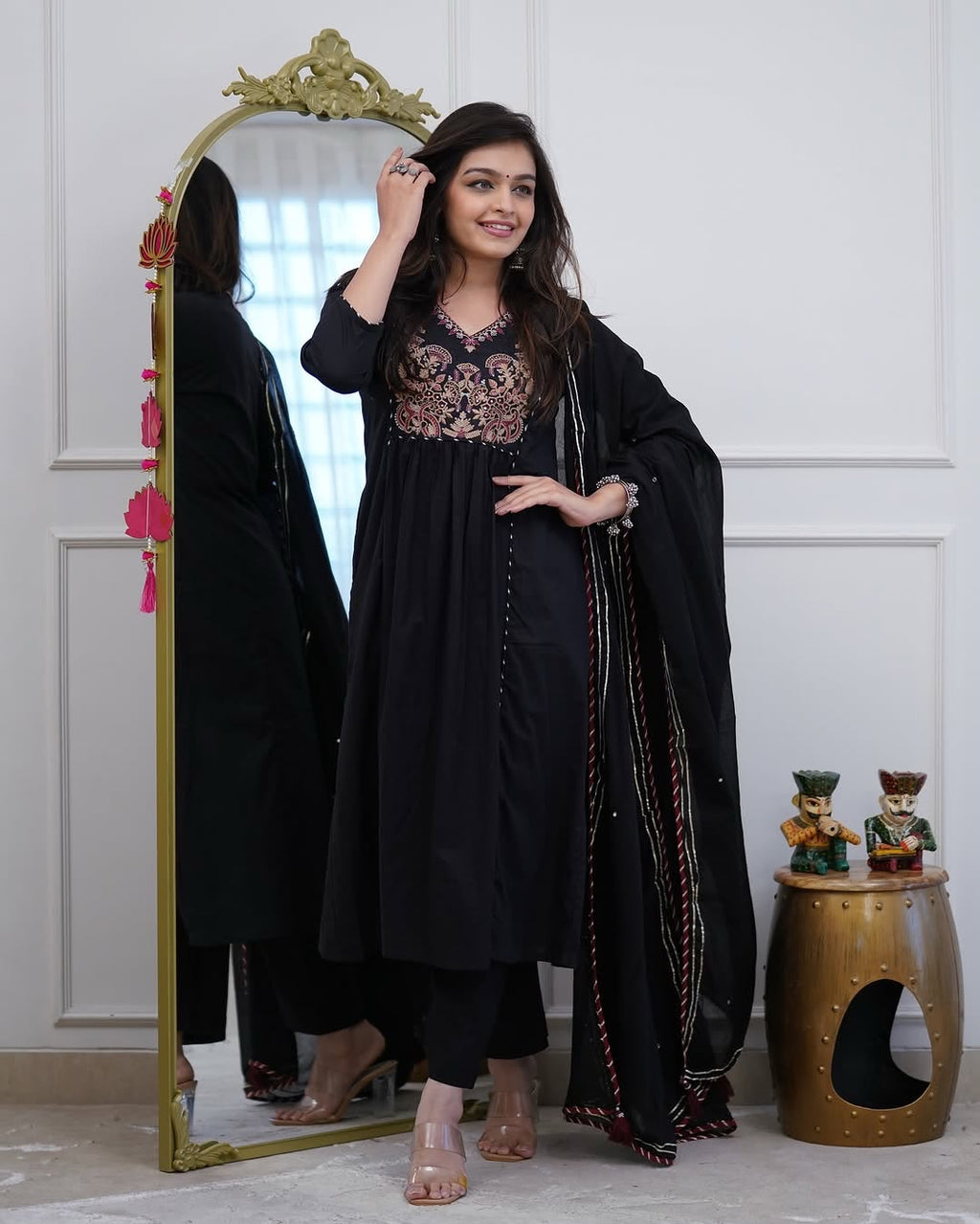 Women's Black Floral Embroidered Anarkali Kurta Set with Dupatta | Festive Ethnic Wear
