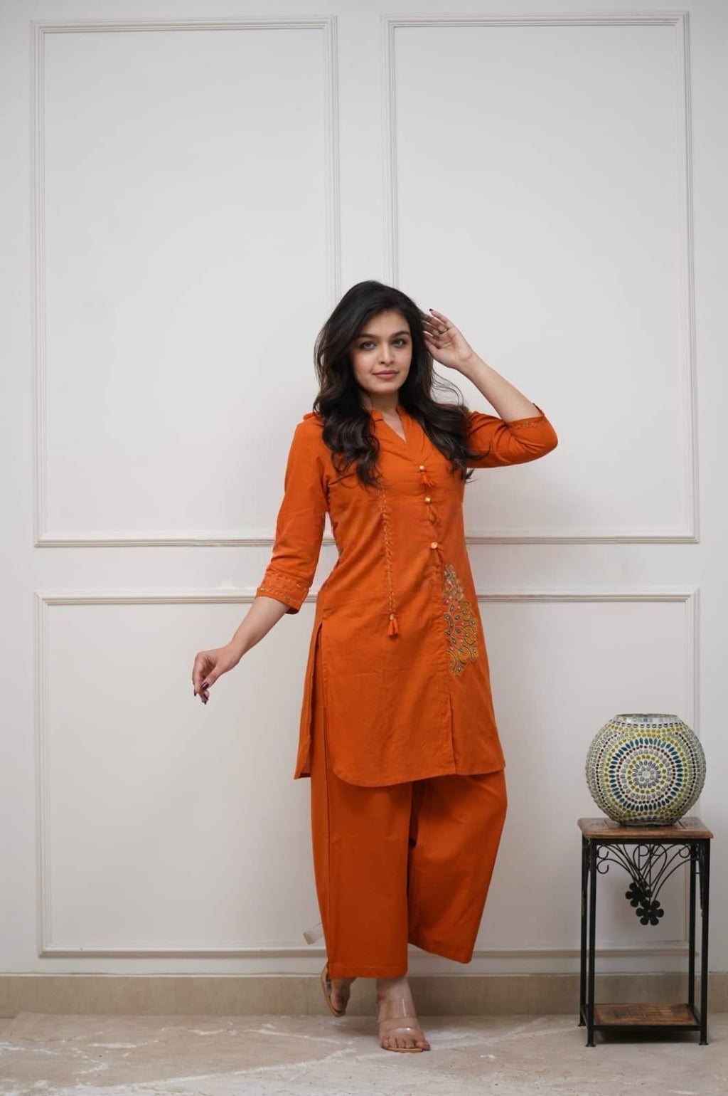 Women's Rust Orange Embroidered Short Kurta Co-Ord Set | Ethnic Fusion Wear