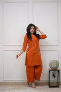 Women's Rust Orange Embroidered Short Kurta Co-Ord Set | Ethnic Fusion Wear