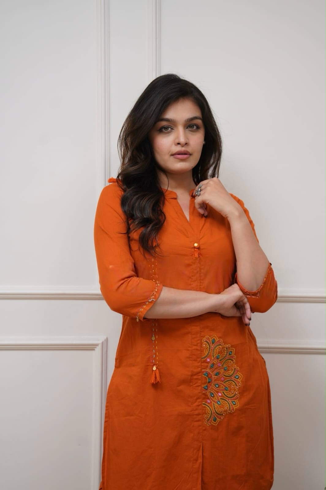 Women's Rust Orange Embroidered Short Kurta Co-Ord Set | Ethnic Fusion Wear