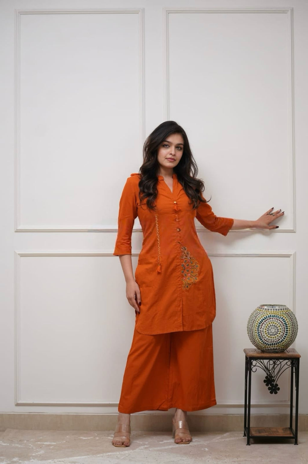 Women's Rust Orange Embroidered Short Kurta Co-Ord Set | Ethnic Fusion Wear